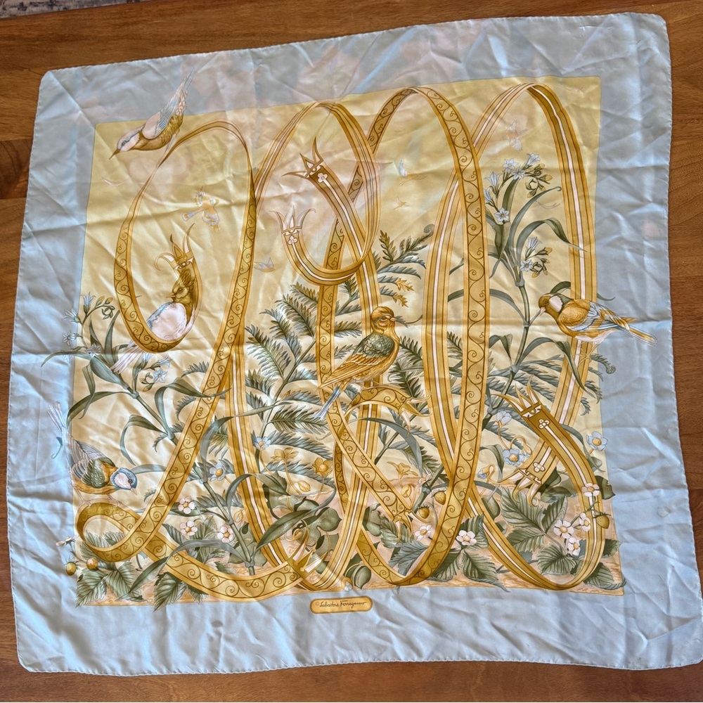 Salvatore Ferragamo Silk Bird & Ribbon Print Scarf in Pale Blue and Gold